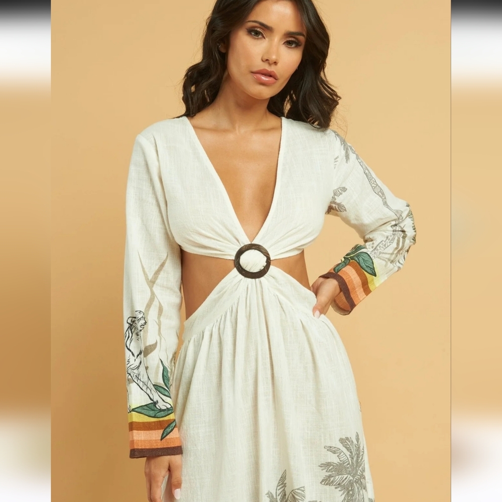 NWOT Z&L Rio Grande Maxi Dress in cream with a tropical border print - Picture 3 of 7